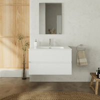 Mobile da bagno sospeso 80 cm bianco effetto legno con lavabo e specchio | Yili
