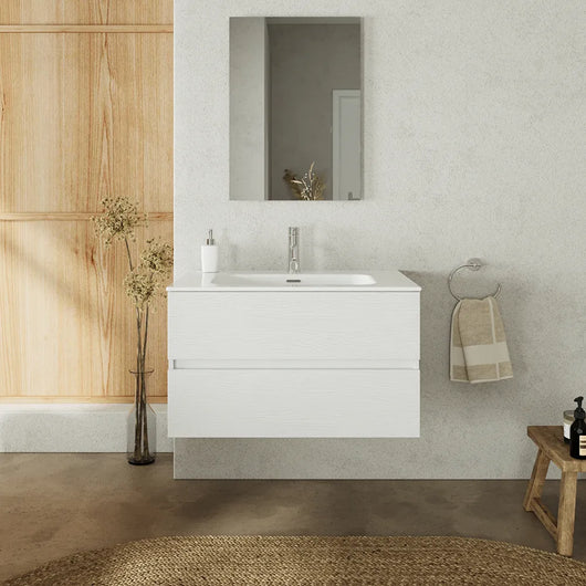 Mobile da bagno sospeso 80 cm bianco effetto legno con lavabo e specchio | Yili