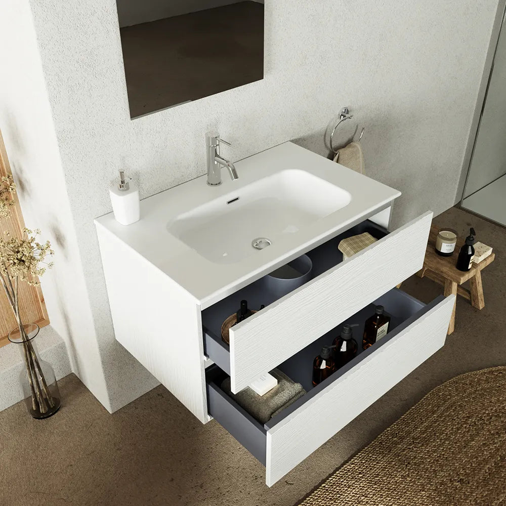 Mobile da bagno sospeso 80 cm bianco effetto legno con lavabo e specchio | Yili
