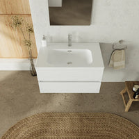 Mobile da bagno sospeso 80 cm bianco effetto legno con lavabo e specchio | Yili