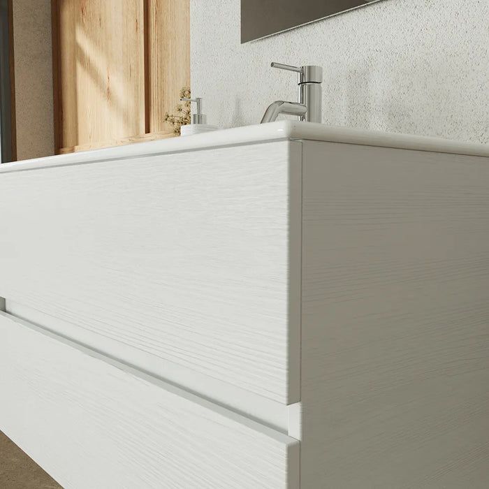 Mobile da bagno sospeso 80 cm bianco effetto legno con lavabo e specchio | Yili