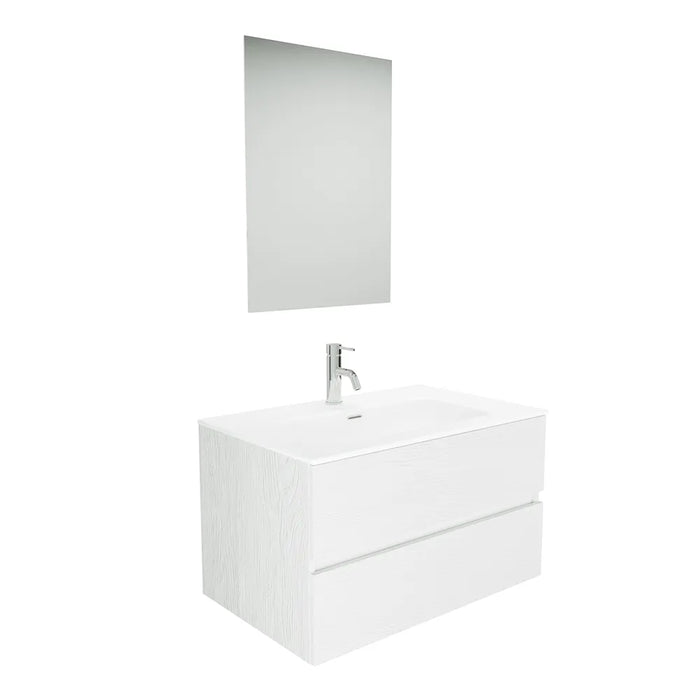 Mobile da bagno sospeso 80 cm bianco effetto legno con lavabo e specchio | Yili
