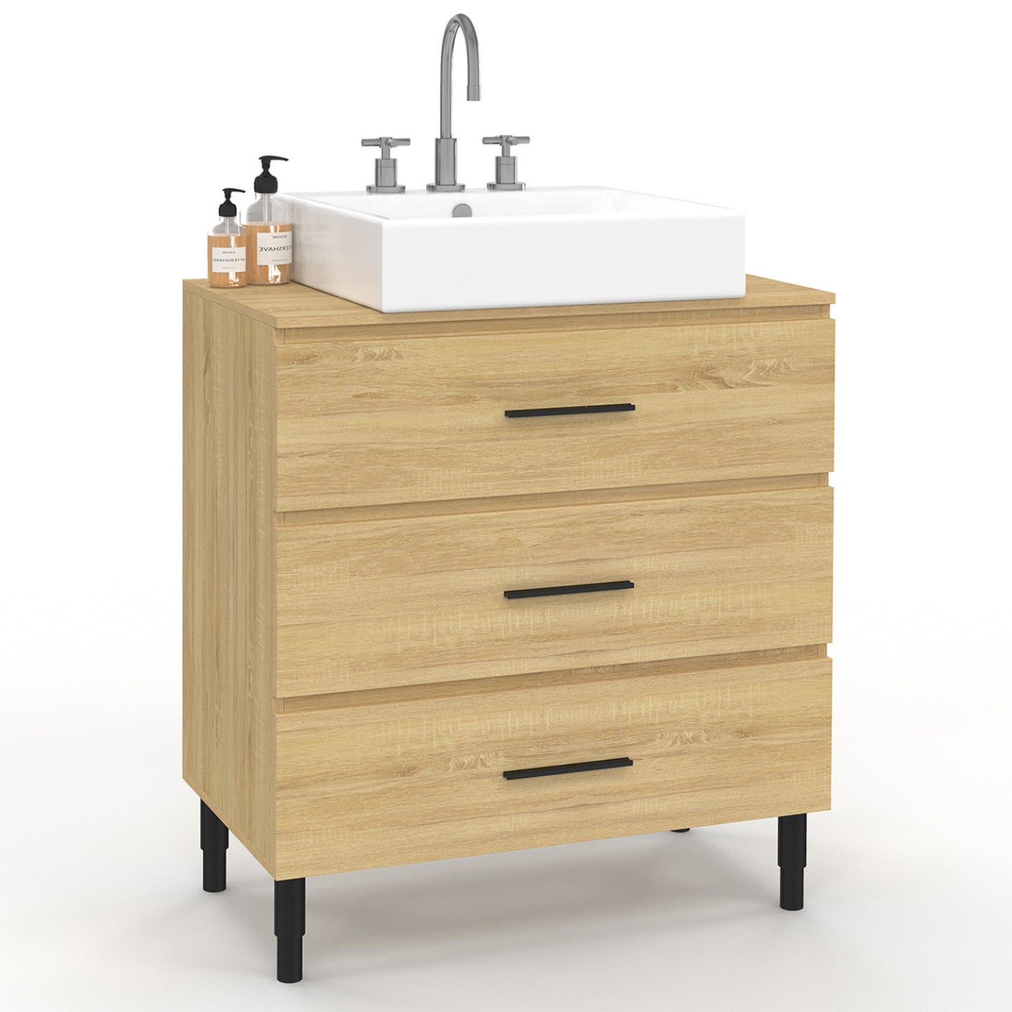 IDMarket - Mobile bagno da 80 cm con 3 cassetti in faggio e nero e gambe telescopiche