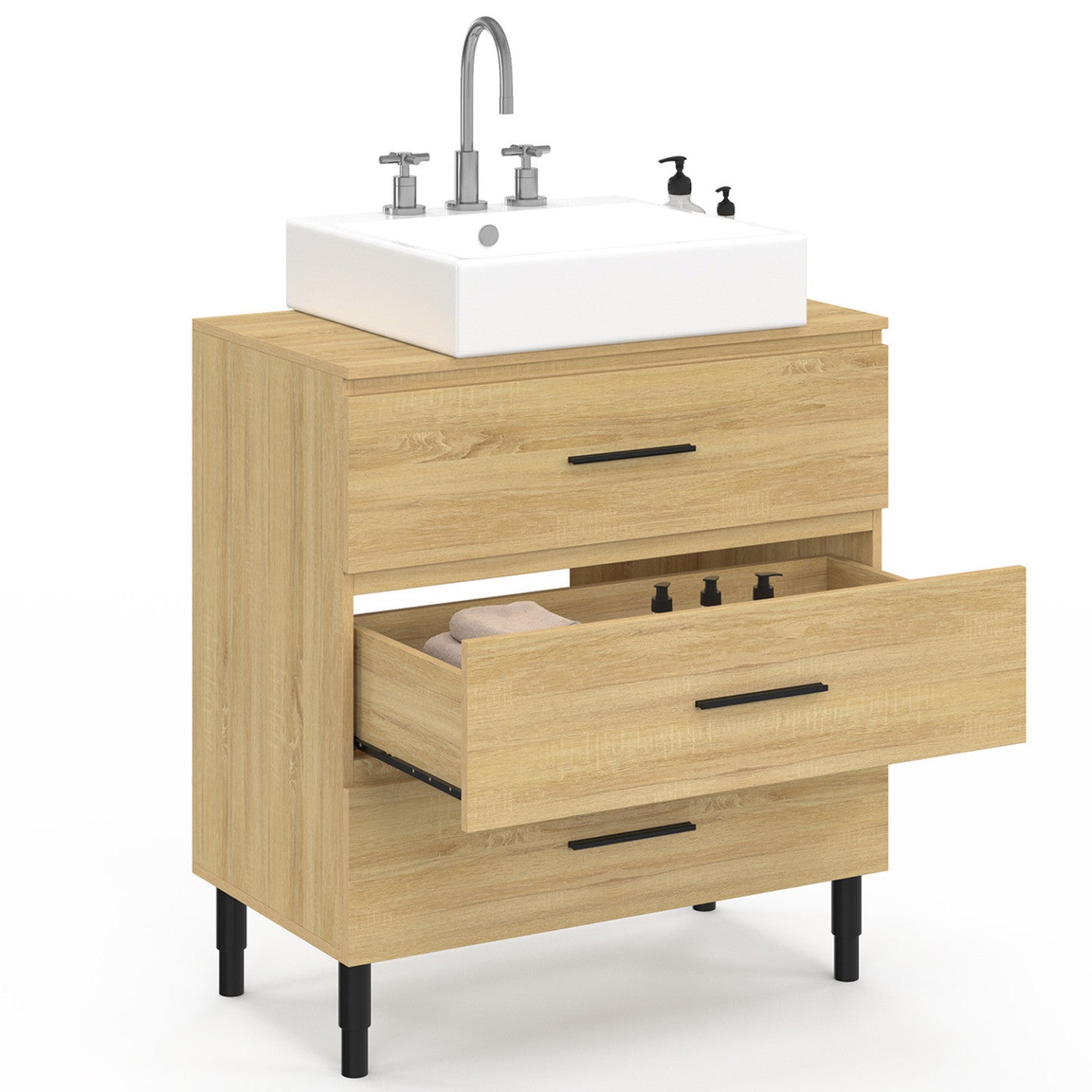 IDMarket - Mobile bagno da 80 cm con 3 cassetti in faggio e nero e gambe telescopiche