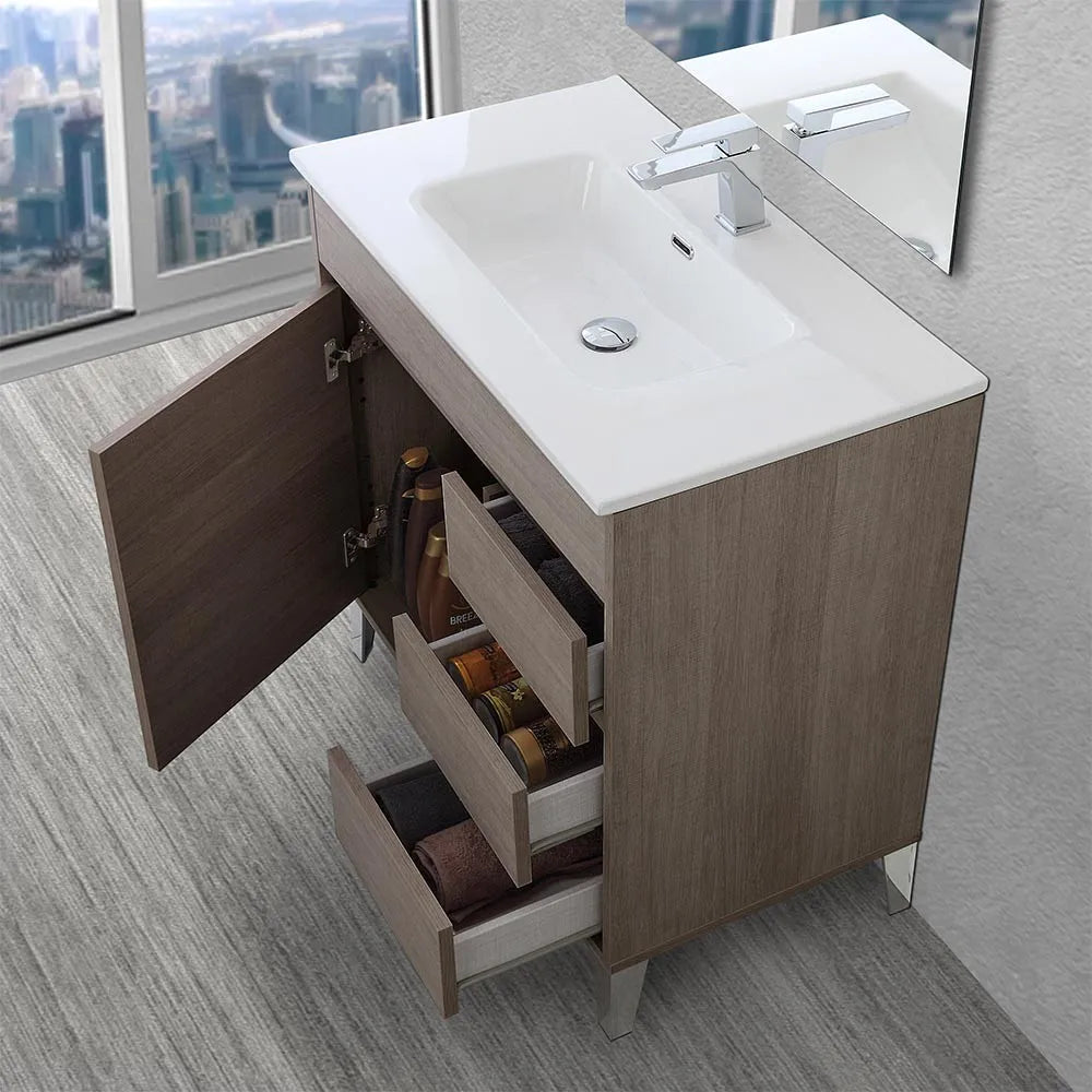 Mobile bagno da terra 80 cm linea Way rovere scuro con specchio e lavabo