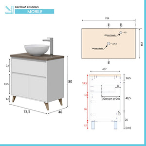 Mobile bagno da terra 80 legno bianco con lavabo e specchio  Lucy