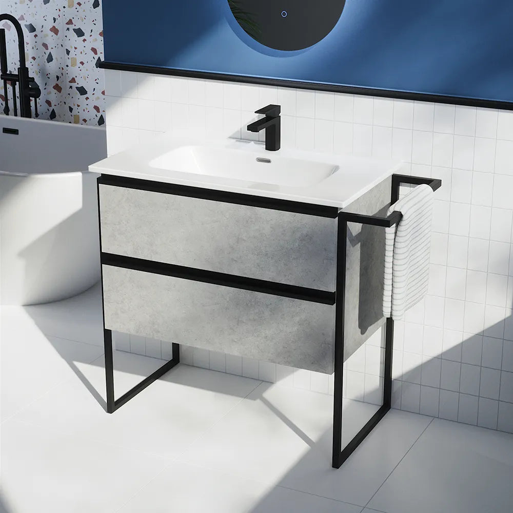 Mobile bagno a terra 80cm grigio cemento con lavabo in ceramica | Sapo