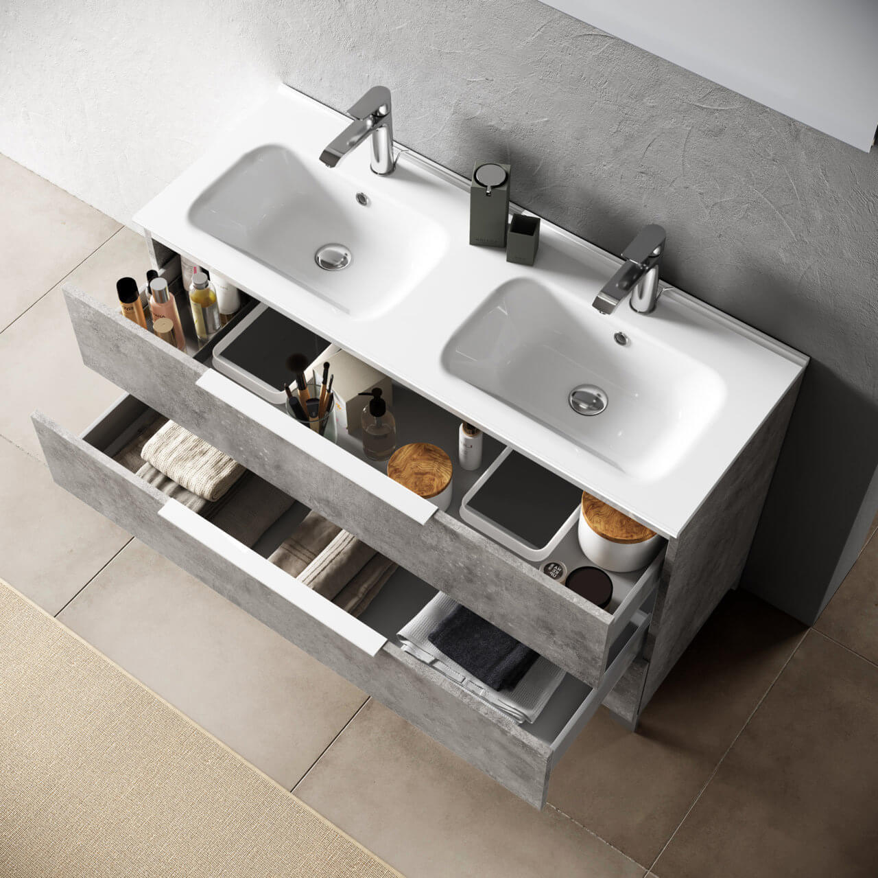 Mobile Bagno 120cm a Terra Con Lavabo doppia Vasca, Tre Cassetti e Specchio - Cemento