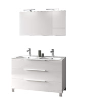 Mobile Bagno 120cm a Terra Con Lavabo doppia Vasca, Tre Cassetti e Specchio - Bianco Laccato Lucido