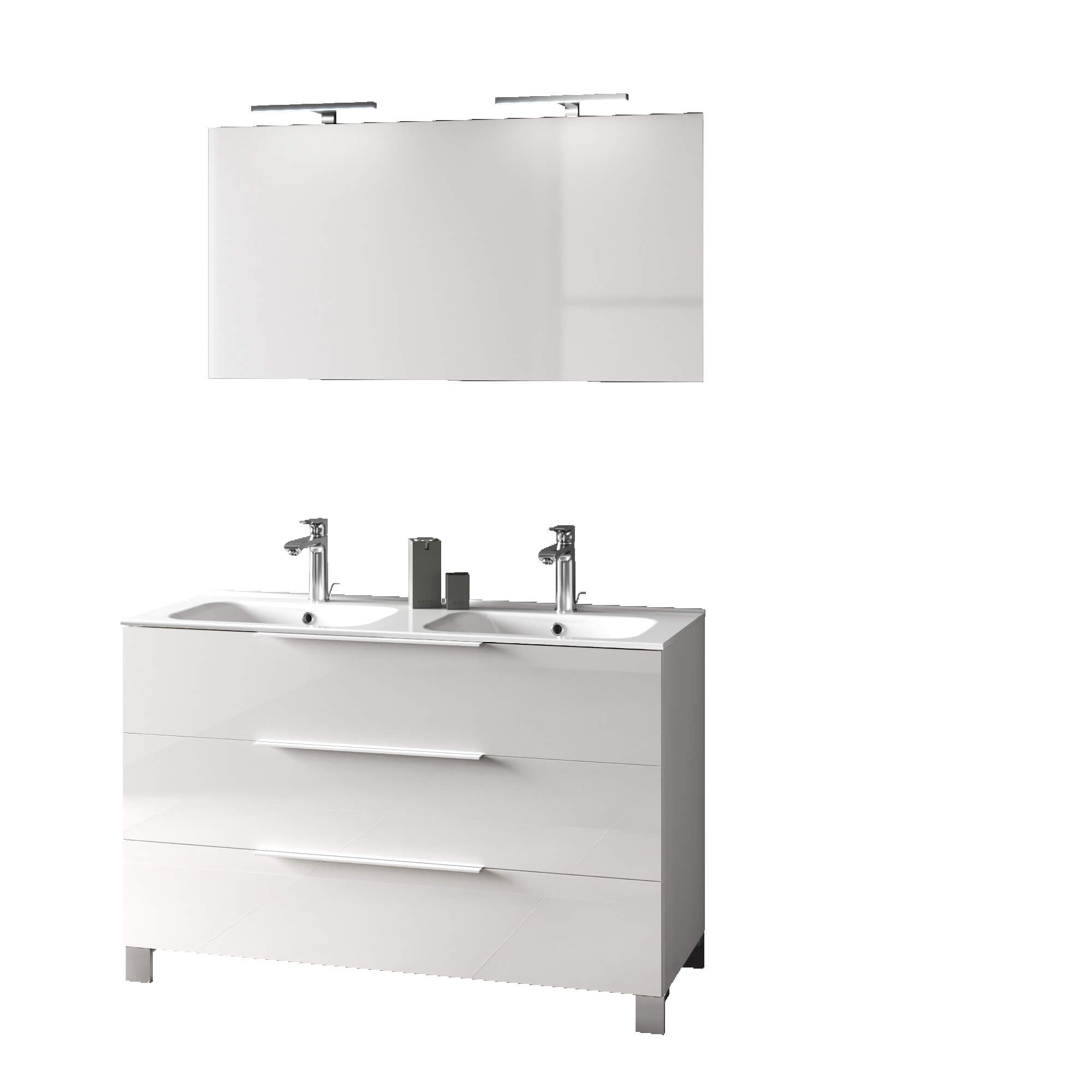 Mobile Bagno 120cm a Terra Con Lavabo doppia Vasca, Tre Cassetti e Specchio - Bianco Laccato Lucido