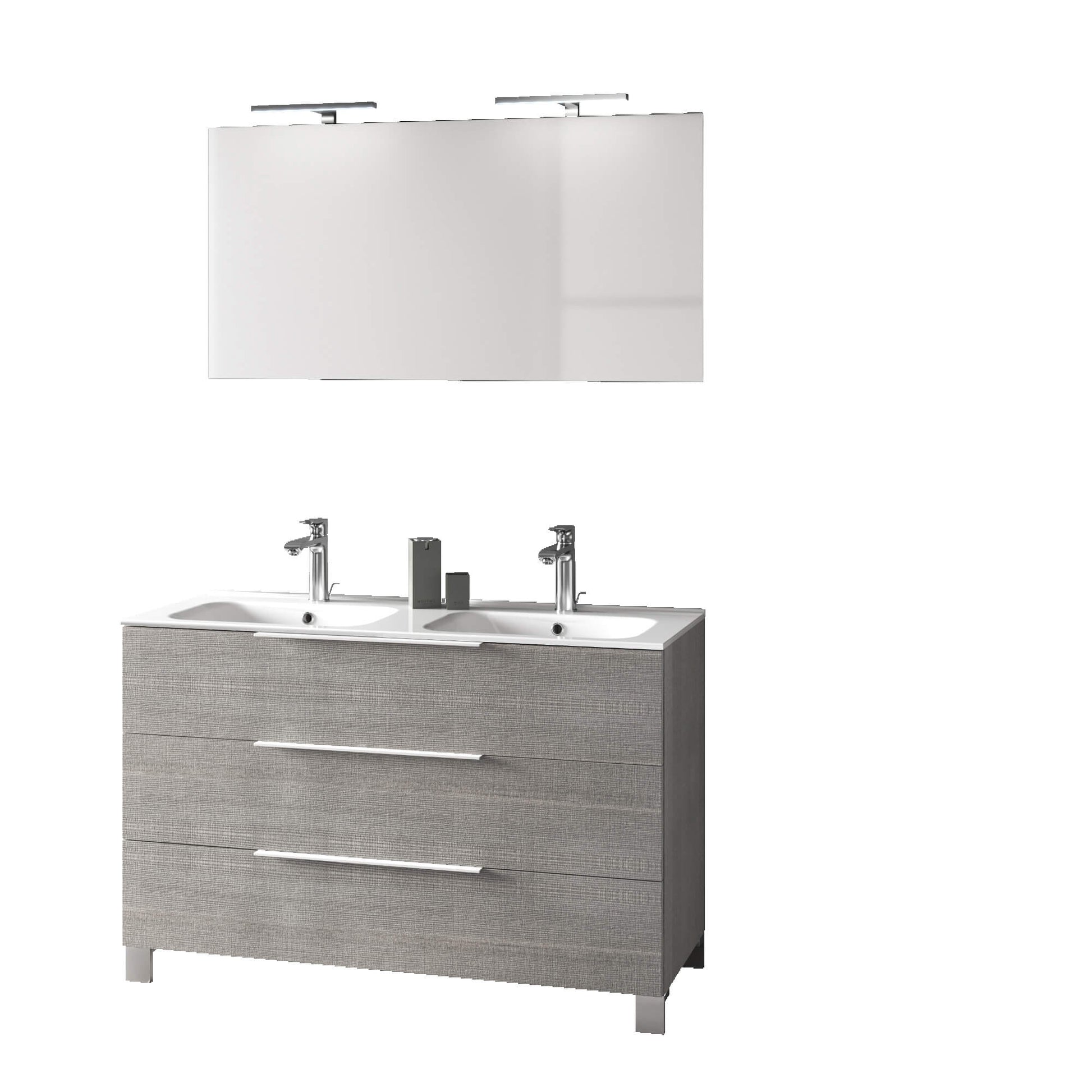Mobile Bagno 120cm a Terra Con Lavabo doppia Vasca, Tre Cassetti e Specchio - Bianco Laccato Lucido