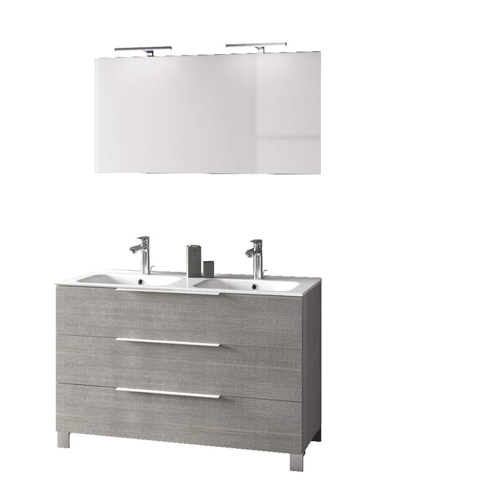 Mobile Bagno 120cm a Terra Con Lavabo doppia Vasca, Tre Cassetti e Specchio - Testa di Moro