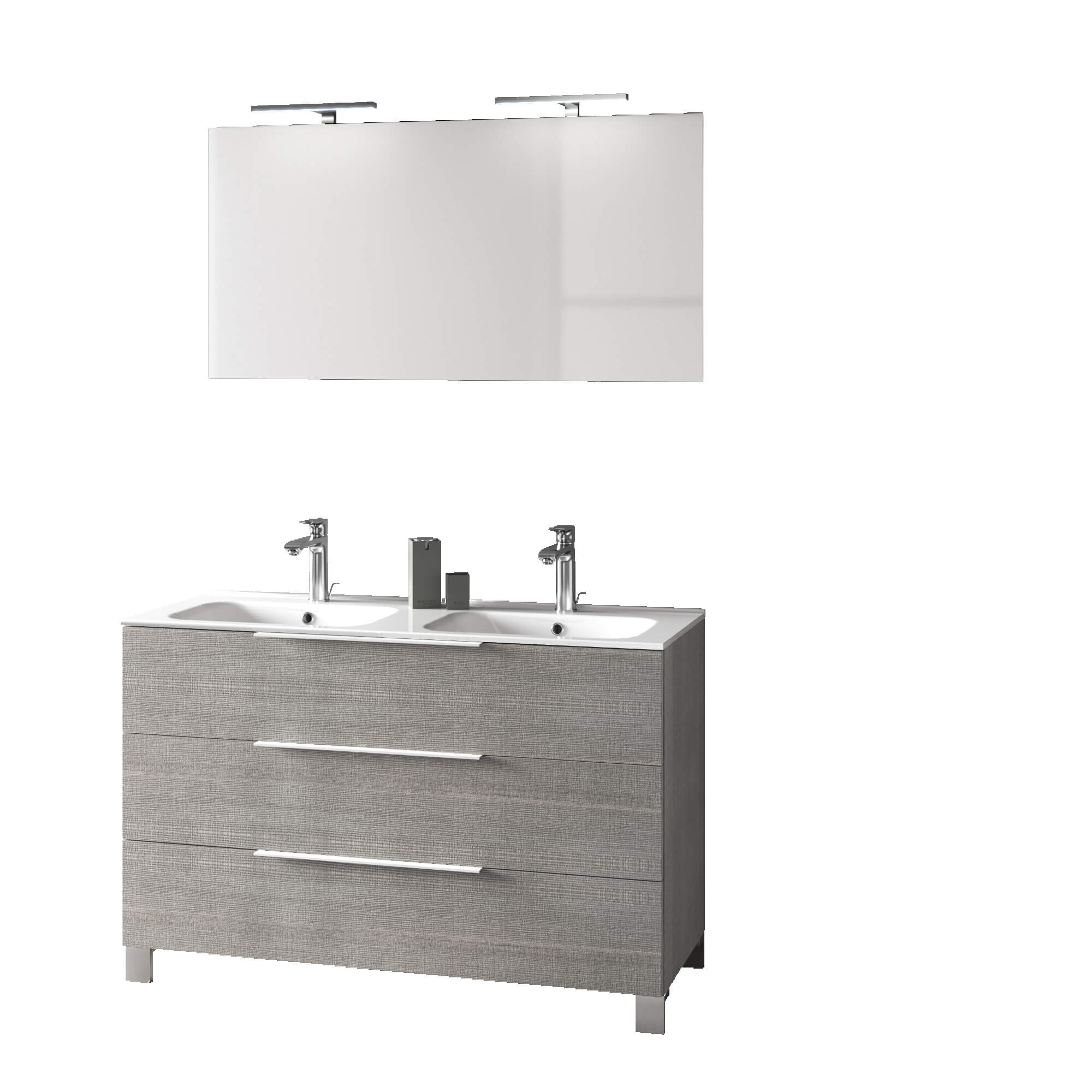 Mobile Bagno 120cm a Terra Con Lavabo doppia Vasca, Tre Cassetti e Specchio - Rovere Miele
