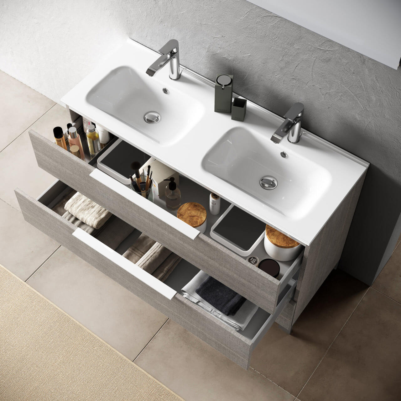 Mobile Bagno 120cm a Terra Con Lavabo doppia Vasca, Tre Cassetti e Specchio - Grigio