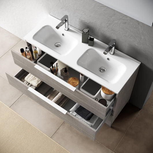 Mobile Bagno 120cm a Terra Con Lavabo doppia Vasca, Tre Cassetti e Specchio - Grigio
