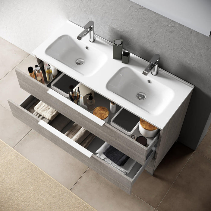 Mobile Bagno 120cm a Terra Con Lavabo doppia Vasca, Tre Cassetti e Specchio - Grigio