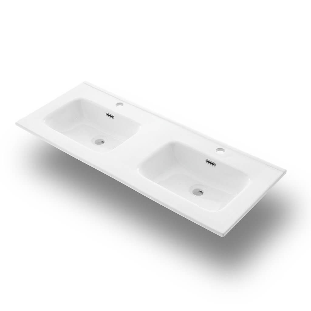 Mobile Bagno 120cm a Terra Con Lavabo doppia Vasca, Tre Cassetti e Specchio - Bianco Laccato Lucido