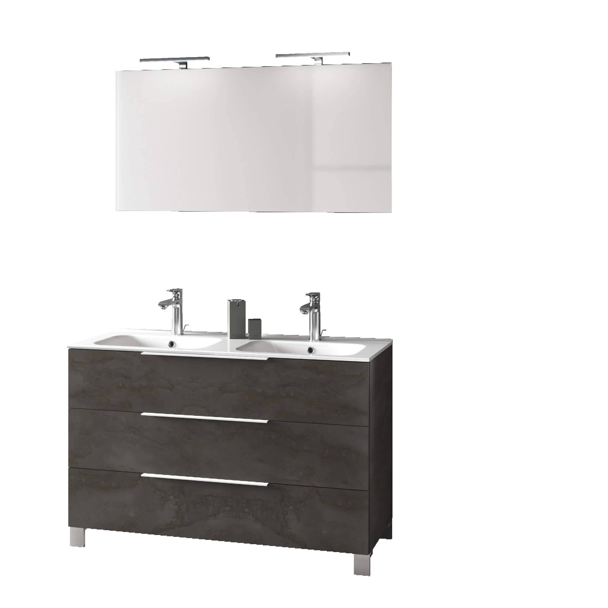 Mobile Bagno 120cm a Terra Con Lavabo doppia Vasca, Tre Cassetti e Specchio - Ossido