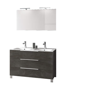 Mobile Bagno 120cm a Terra Con Lavabo doppia Vasca, Tre Cassetti e Specchio - Ossido