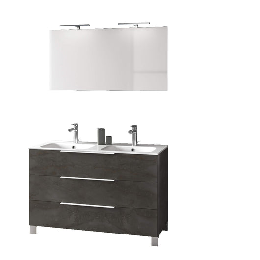 Mobile Bagno 120cm a Terra Con Lavabo doppia Vasca, Tre Cassetti e Specchio - Ossido