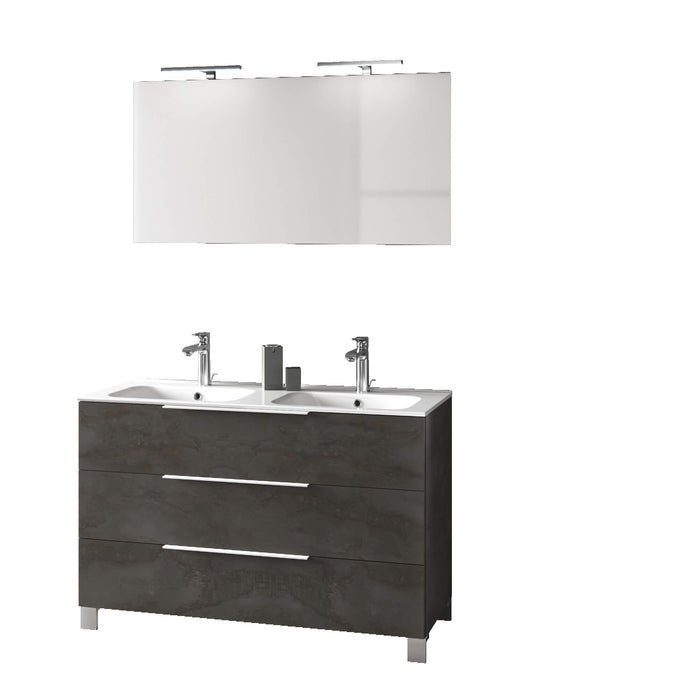 Mobile Bagno 120cm a Terra Con Lavabo doppia Vasca, Tre Cassetti e Specchio - Ossido