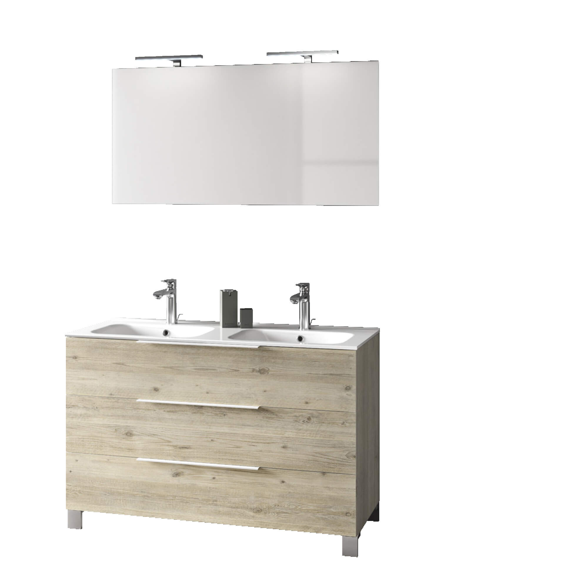 Mobile Bagno 120cm a Terra Con Lavabo doppia Vasca, Tre Cassetti e Specchio - Pino Artico
