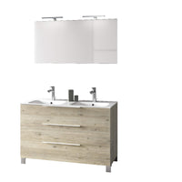Mobile Bagno 120cm a Terra Con Lavabo doppia Vasca, Tre Cassetti e Specchio - Pino Artico