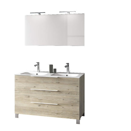Mobile Bagno 120cm a Terra Con Lavabo doppia Vasca, Tre Cassetti e Specchio - Pino Artico