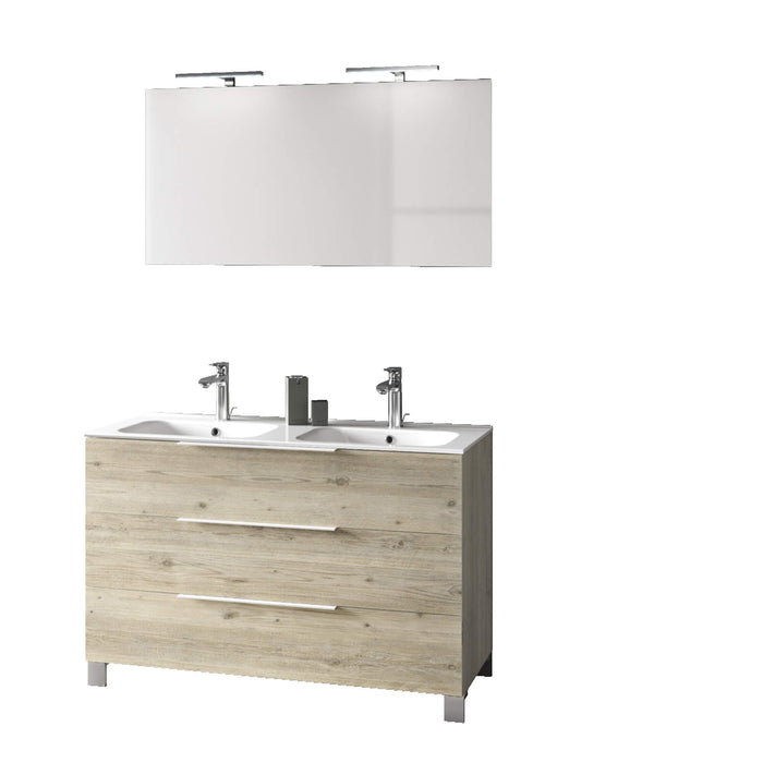 Mobile Bagno 120cm a Terra Con Lavabo doppia Vasca, Tre Cassetti e Specchio - Pino Artico