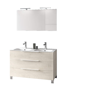 Mobile Bagno 120cm a Terra Con Lavabo doppia Vasca, Tre Cassetti e Specchio - Rovere Alaska