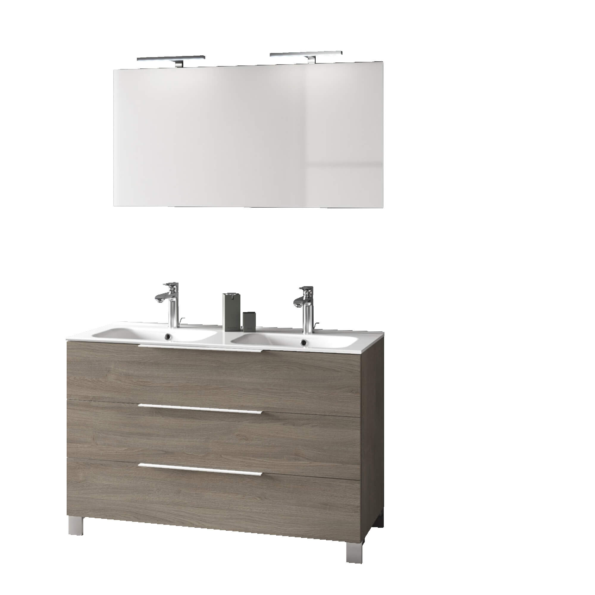 Mobile Bagno 120cm a Terra Con Lavabo doppia Vasca, Tre Cassetti e Specchio - Rovere Cenere