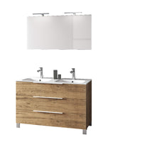 Mobile Bagno 120cm a Terra Con Lavabo doppia Vasca, Tre Cassetti e Specchio - Rovere Miele