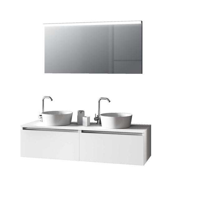 Mobile Bagno 140cm Con Doppio Lavabo, Base Con Cassetto E Specchio Con LED Integrato - Bianco