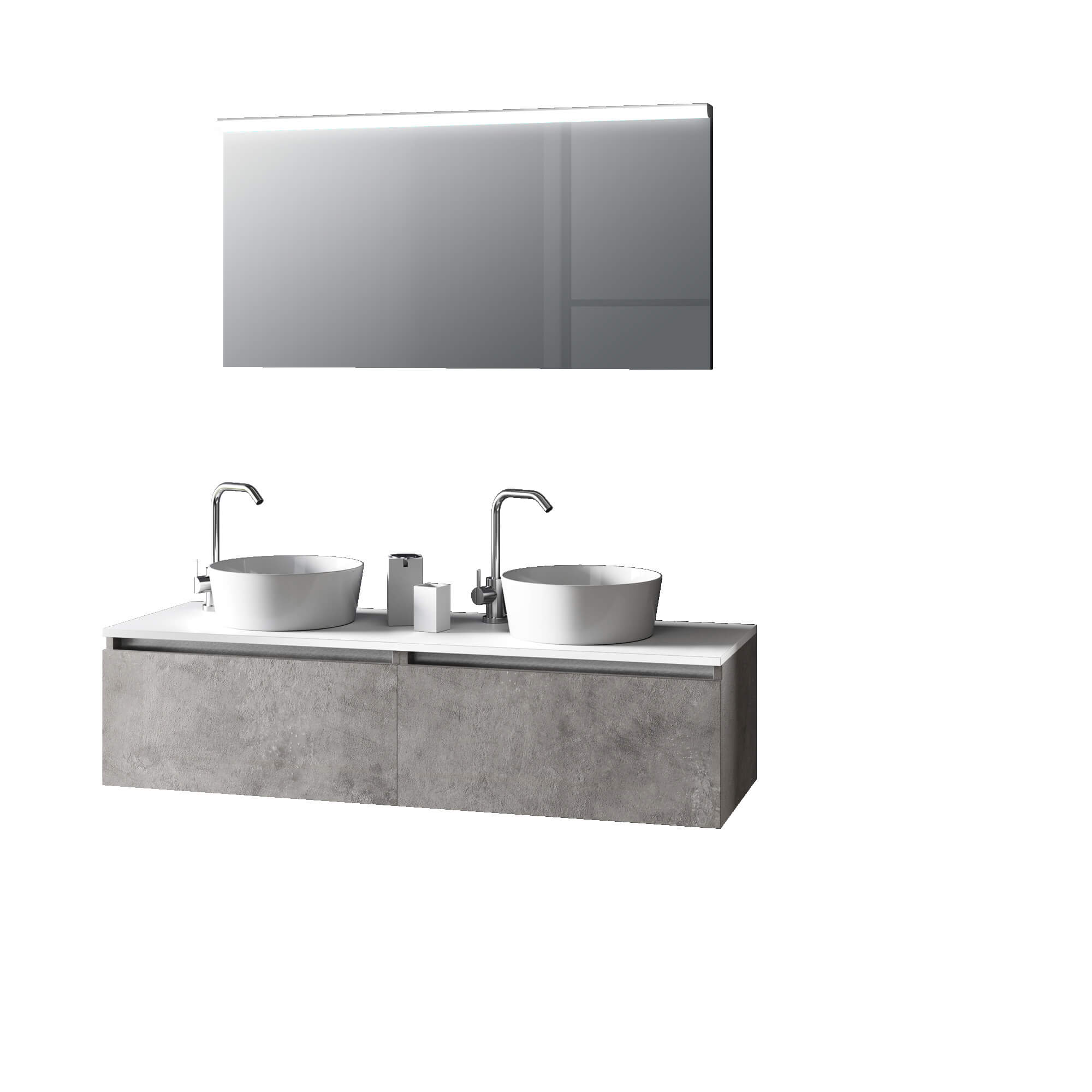 Mobile Bagno 140cm Con Doppio Lavabo, Base Con Cassetto E Specchio Con LED Integrato - Cemento