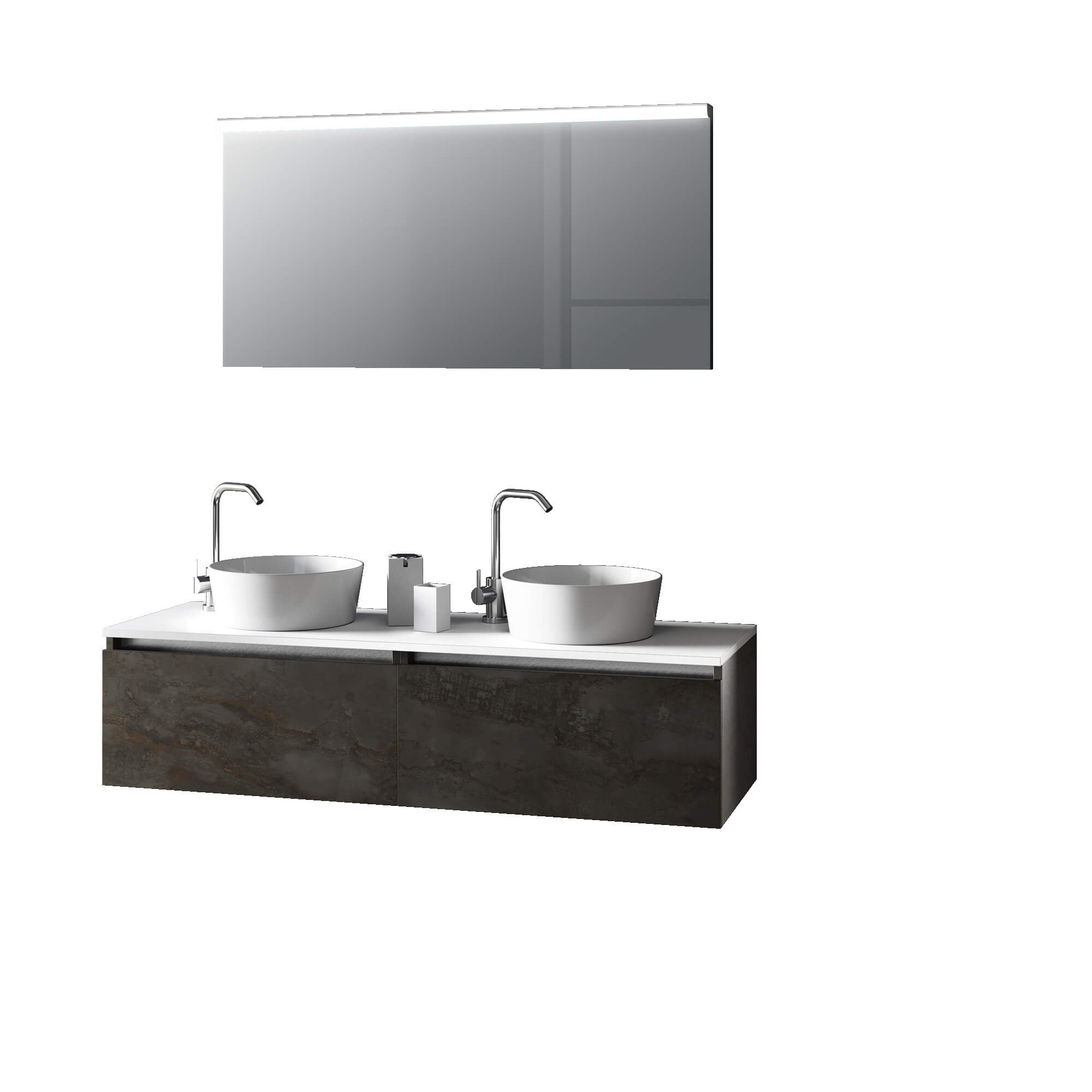 Mobile Bagno 140cm Con Doppio Lavabo, Base Con Cassetto E Specchio Con LED Integrato - Ossido