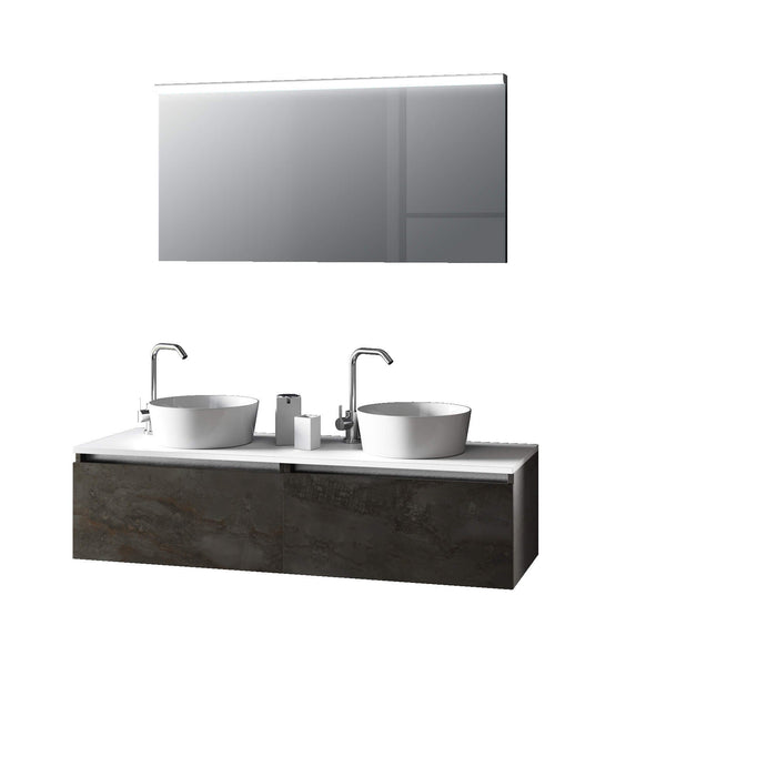 Mobile Bagno 140cm Con Doppio Lavabo, Base Con Cassetto E Specchio Con LED Integrato - Ossido
