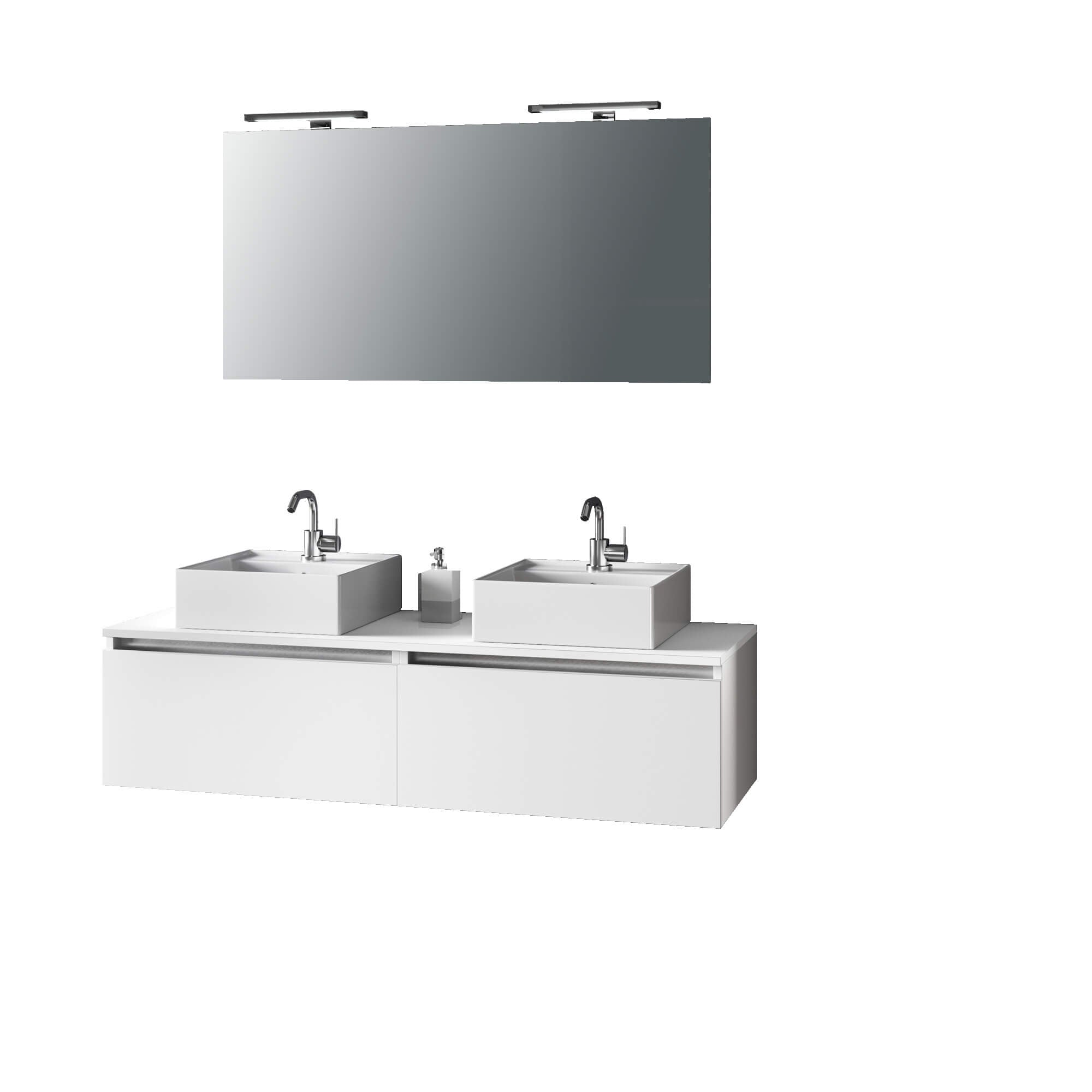 Mobile Bagno 140cm Con Doppio Lavabo, Base Con Cassetto, Specchio E Lampada - Bianco
