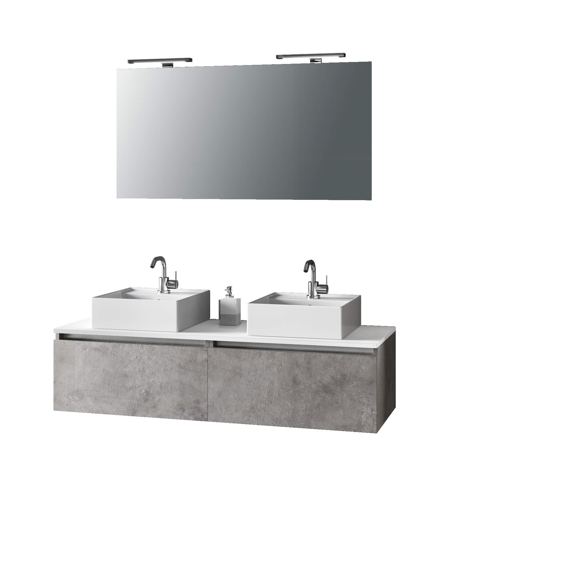 Mobile Bagno 140cm Con Doppio Lavabo, Base Con Cassetto, Specchio E Lampada - Cemento