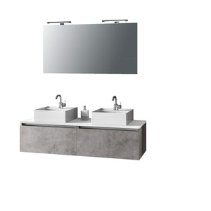 Mobile Bagno 140cm Con Doppio Lavabo, Base Con Cassetto, Specchio E Lampada - Cemento