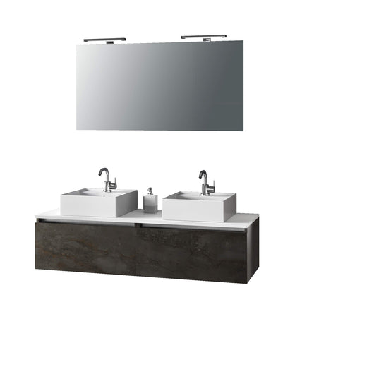 Mobile Bagno 140cm Con Doppio Lavabo, Base Con Cassetto, Specchio E Lampada - Ossido