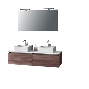 Mobile Bagno 140cm Con Doppio Lavabo, Base Con Cassetto, Specchio E Lampada - Tabacco Scuro