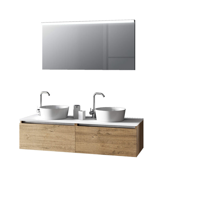 Mobile Bagno 140cm Con Doppio Lavabo, Base Con Cassetto E Specchio Con LED Integrato - Rovere Miele