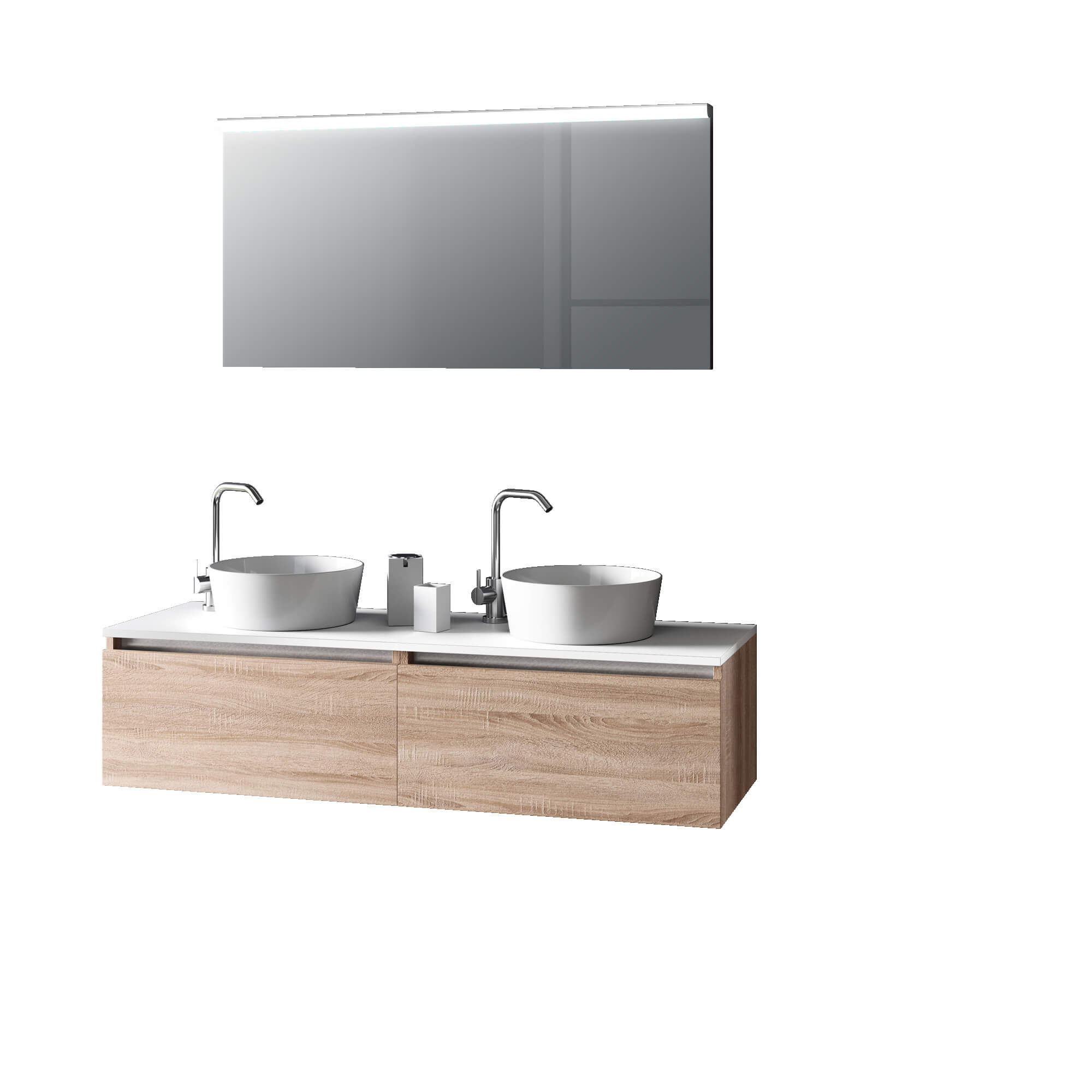Mobile Bagno 140cm Con Doppio Lavabo, Base Con Cassetto E Specchio Con LED Integrato - Tabacco Chiaro