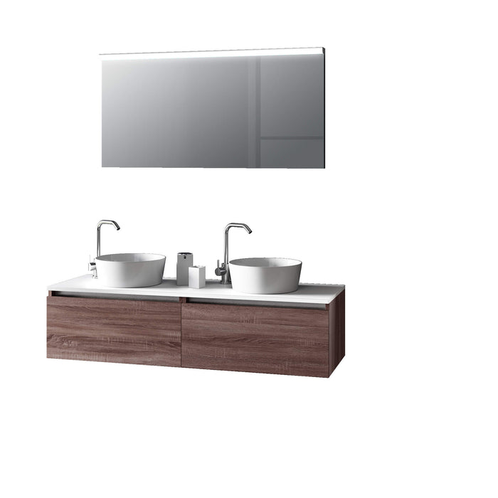 Mobile Bagno 140cm Con Doppio Lavabo, Base Con Cassetto E Specchio Con LED Integrato - Tabacco Scuro
