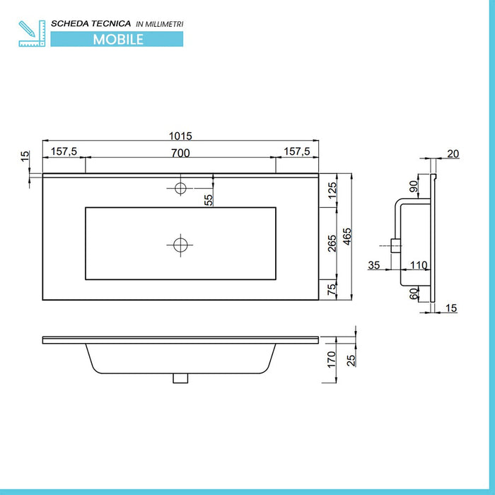 Mobile bagno sospeso 100 bianco lucido con lavabo e specchio LED  Eva
