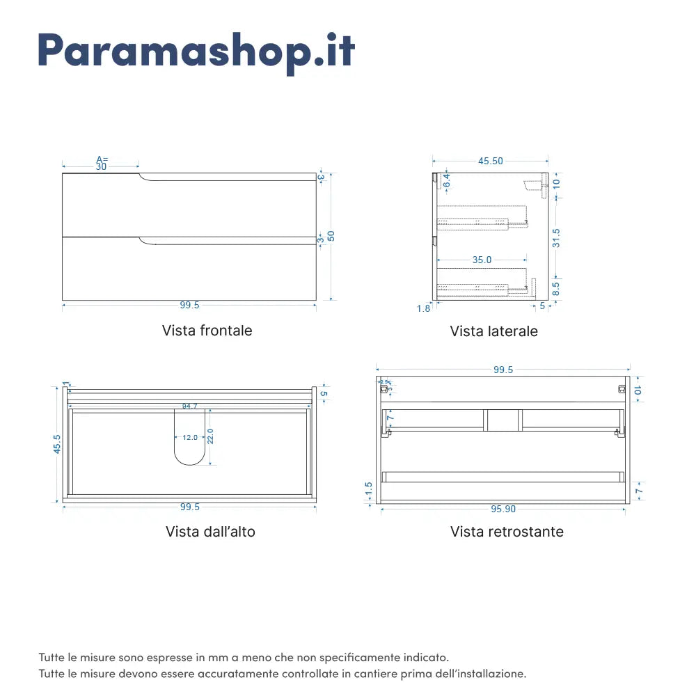Mobile bagno sospeso 100 cm due cassetti verde foresta opaco con top | Ardenne