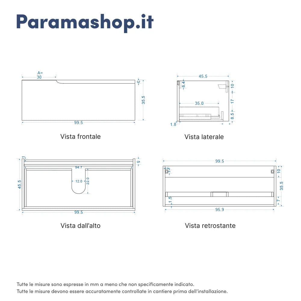 Mobile bagno sospeso 100 cm un cassetto bianco opaco con top | Ardenne