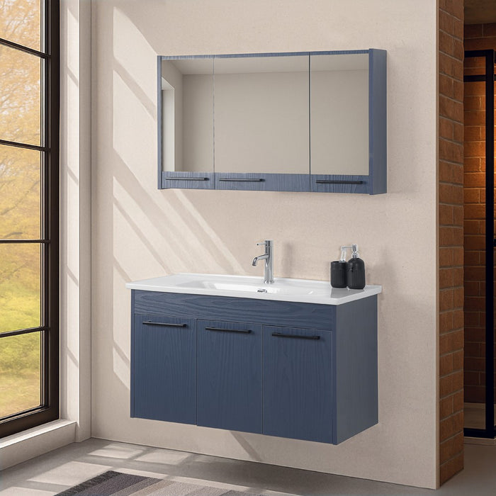Mobile bagno sospeso 100 cm blu effetto legno con armadietto a specchio Sofia