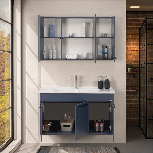 Mobile bagno sospeso 100 cm blu effetto legno con armadietto a specchio Sofia