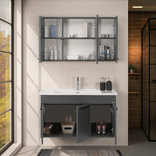 Mobile bagno sospeso 100 cm grigio effetto legno con armadietto a specchio Sofia